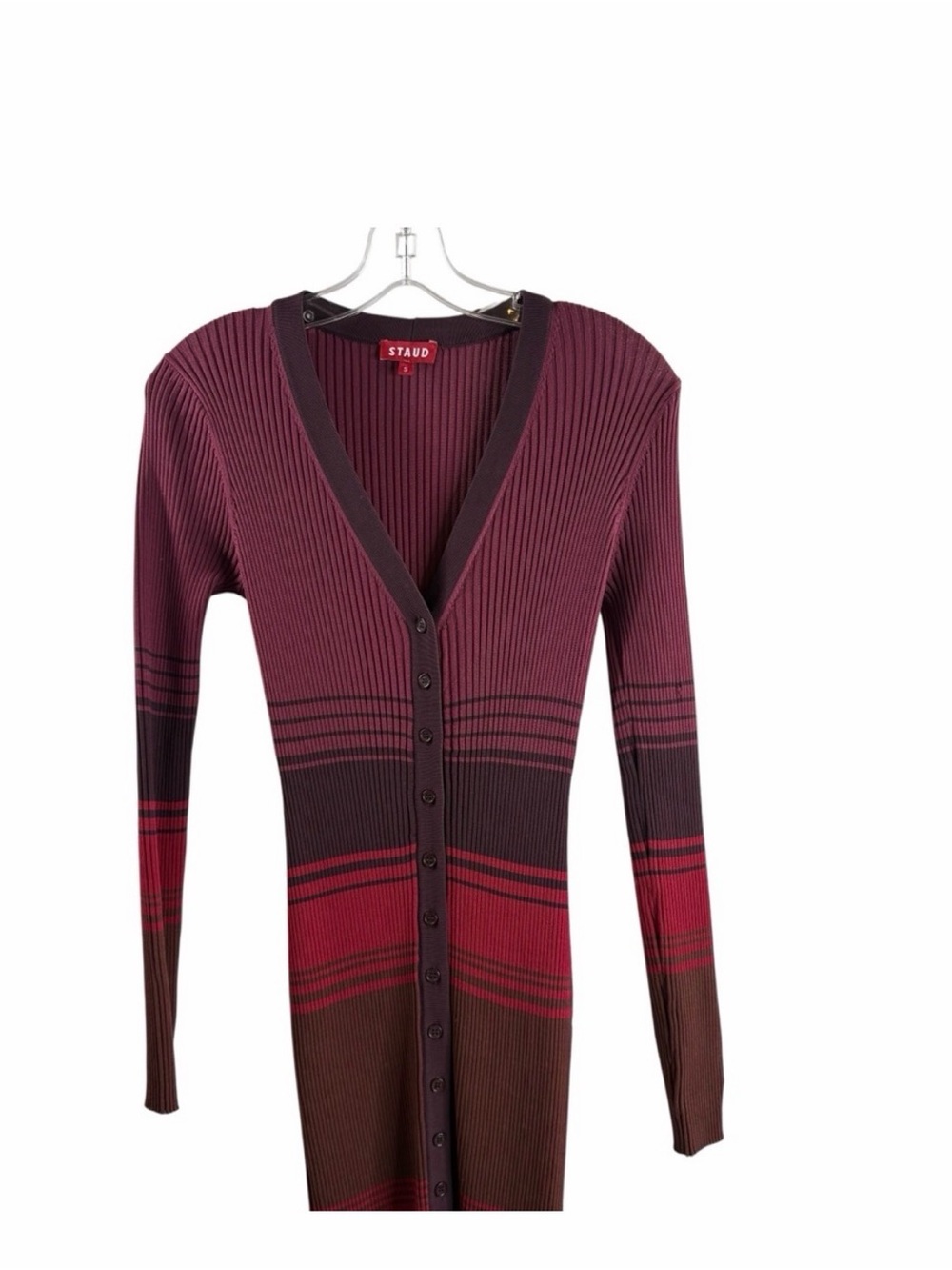 STAUD Striped Ribbed Button-Front Maxi Dress in Burgundy and Red - Picture 3 of 5